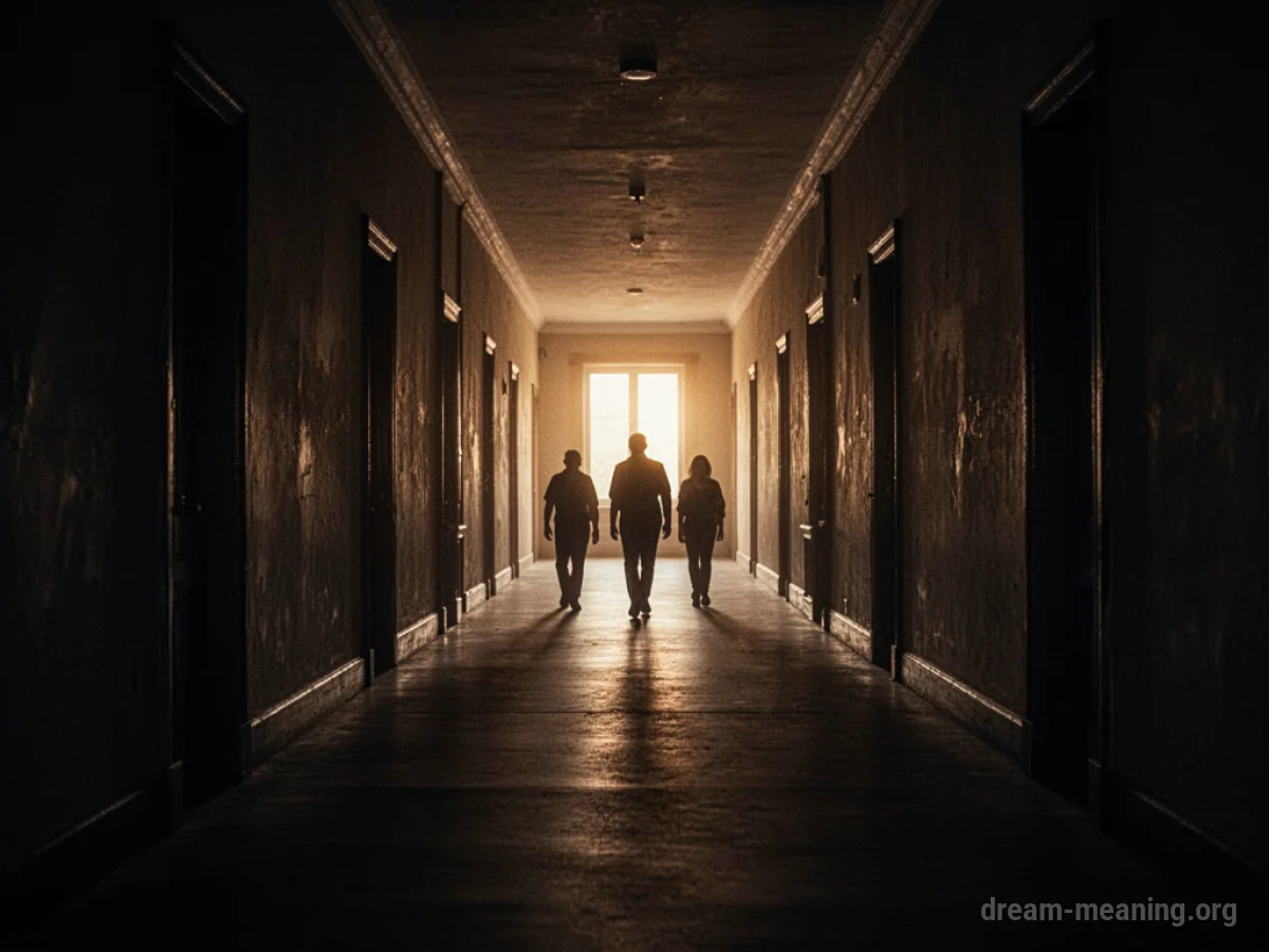 A dark corridor with a bright light at the distant end.