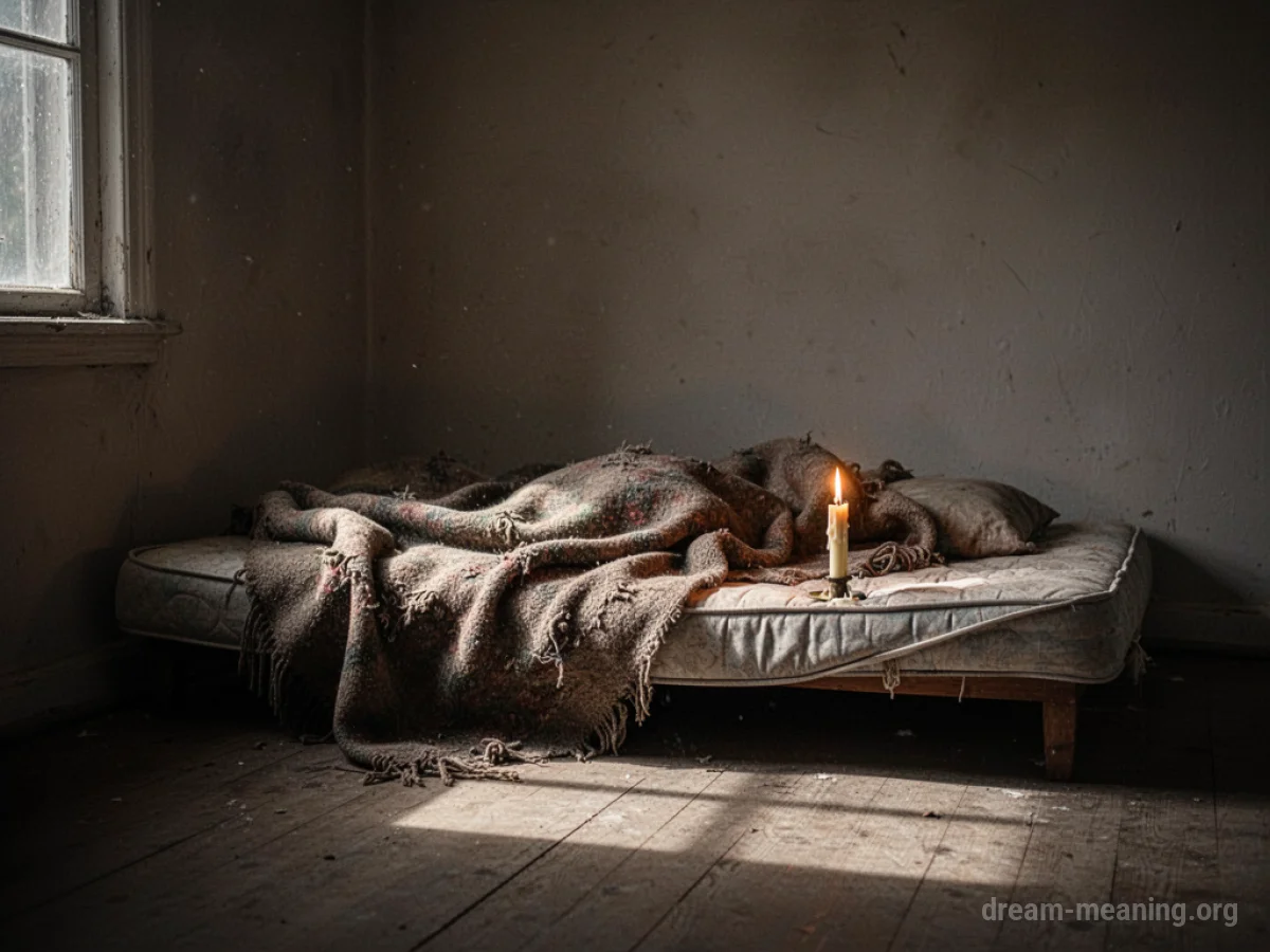 A bare, sparsely furnished room with a thin mattress and a single candle.