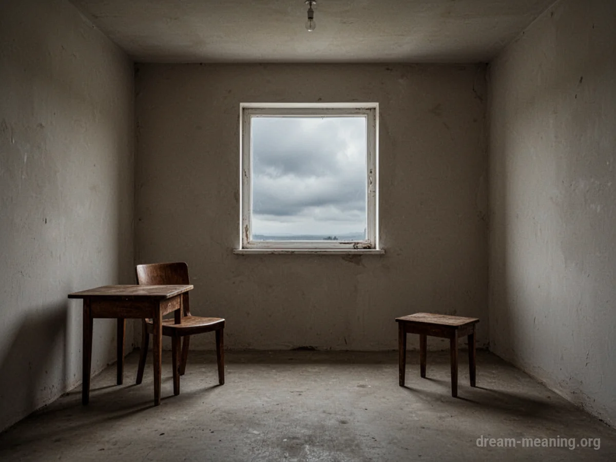 A sparse, dimly lit room with a single chair and a small table.