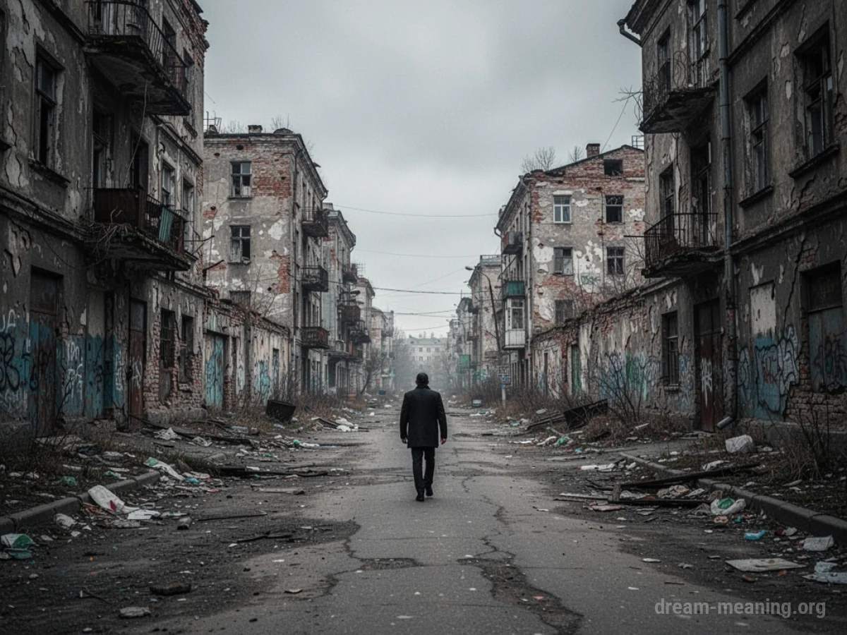 A lone figure walking down a street lined with run-down buildings.