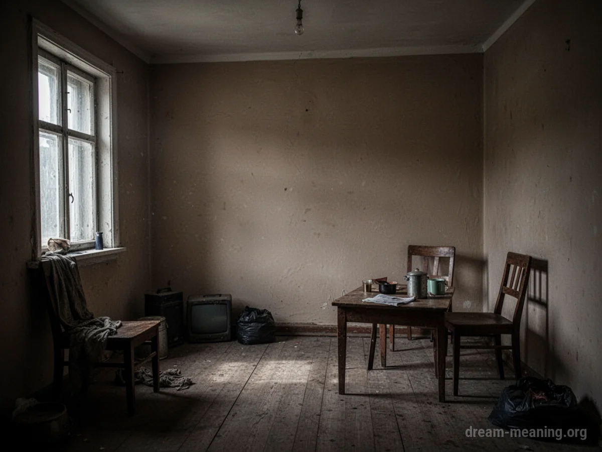 A simple, sparsely furnished room with minimal possessions.