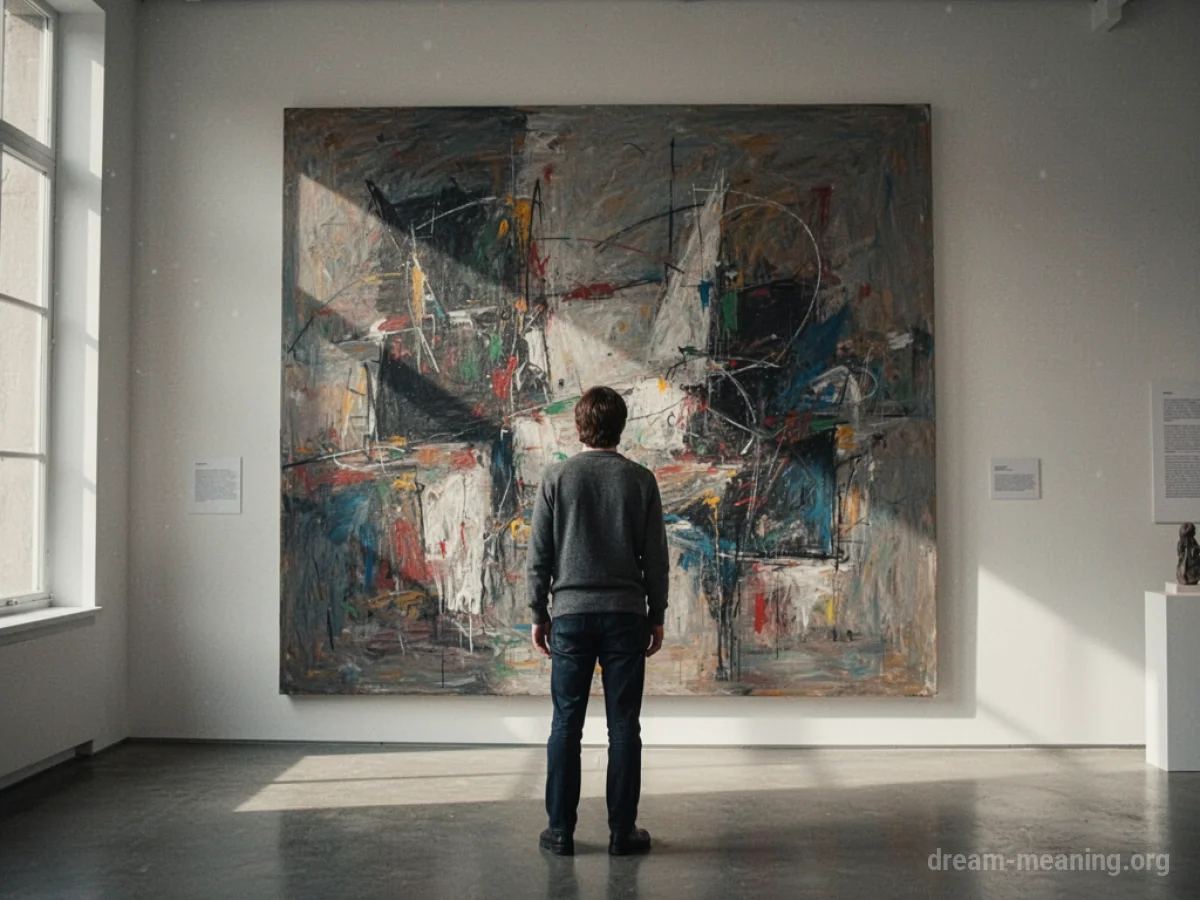 A person observing an abstract artwork on a wall in a gallery.