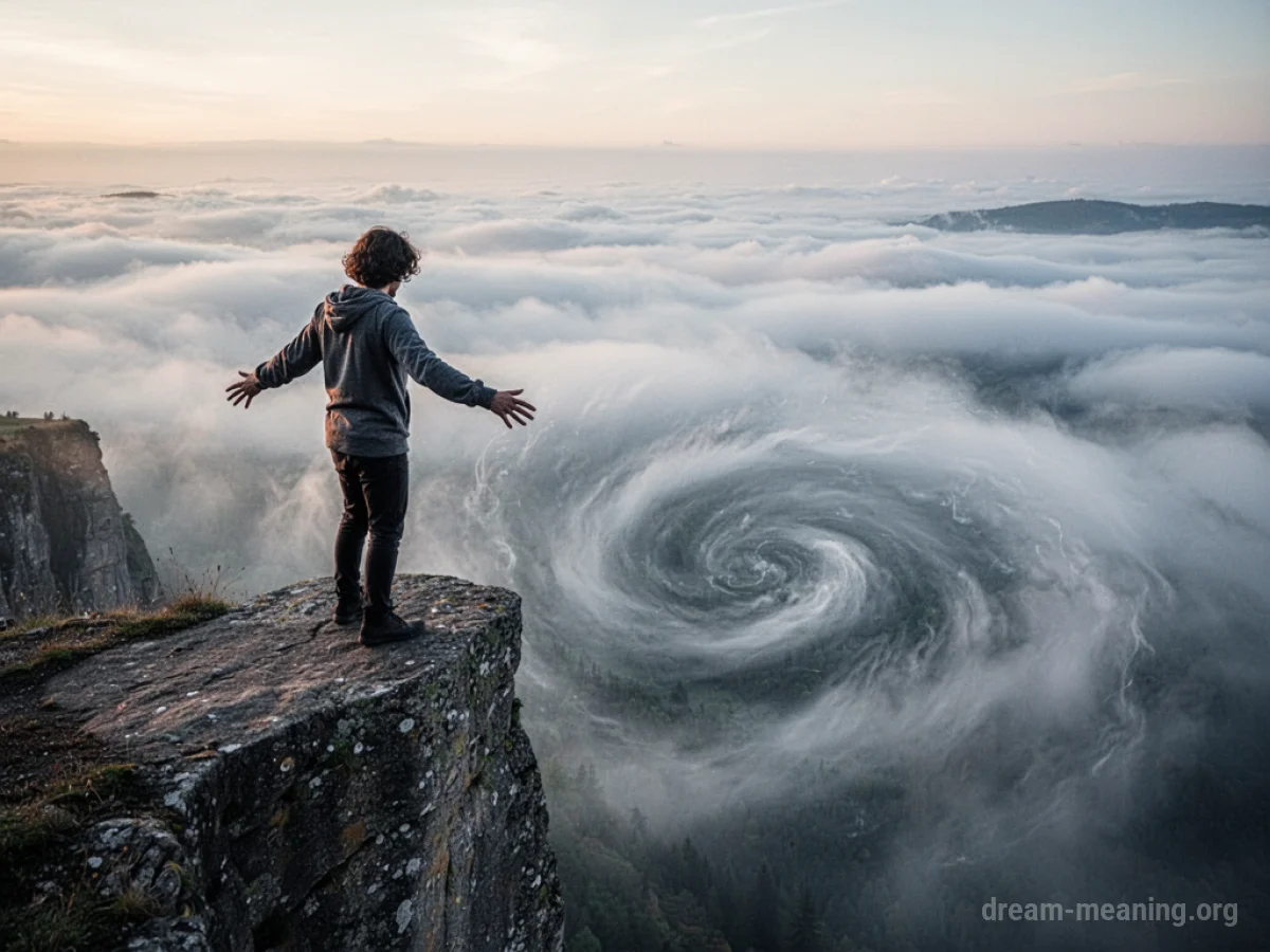 Silhouette of a person on a cliff edge with fog below.