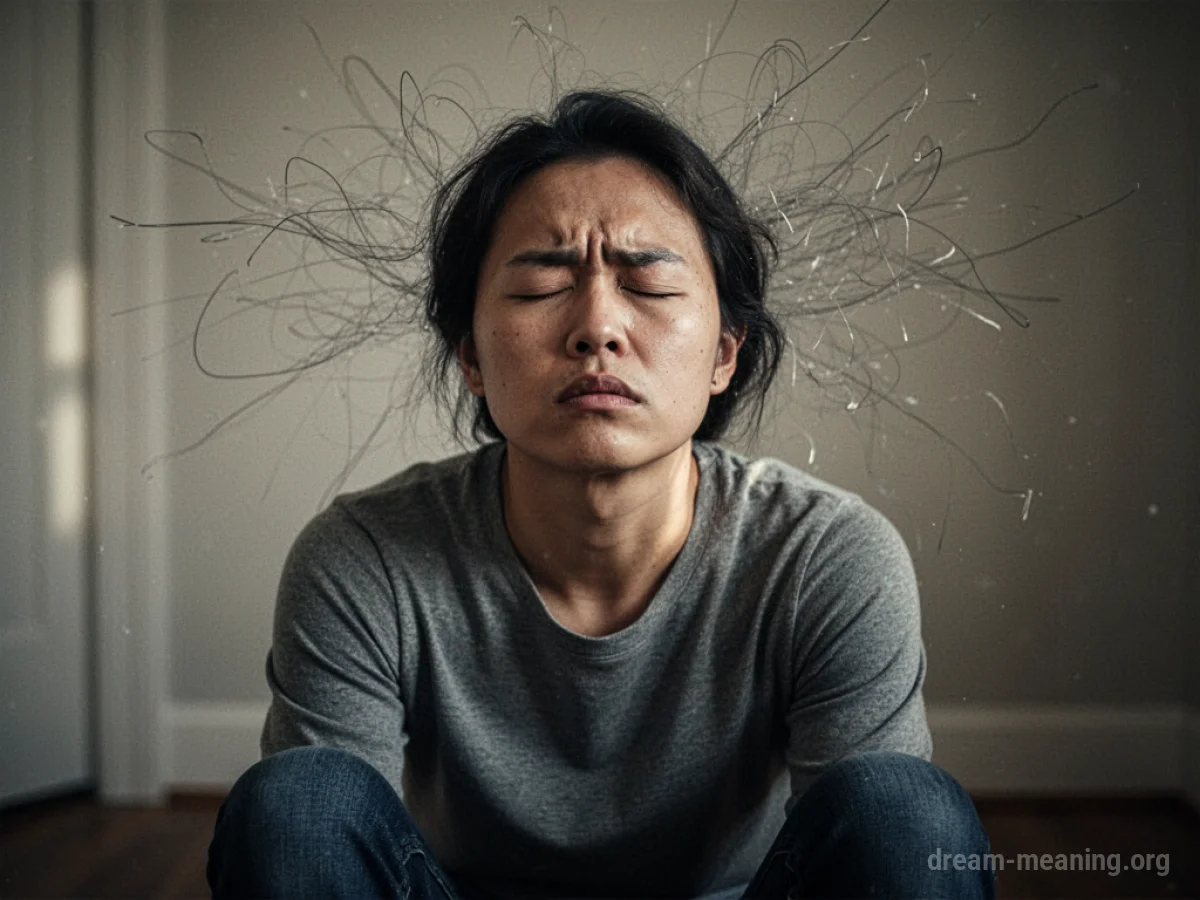 A person sitting with closed eyes and a tense posture, with faint chaotic lines around their head.