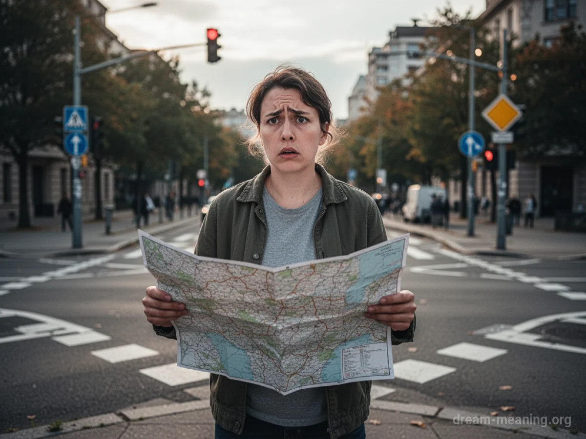 A person stands at a branching path, holding a torn map.