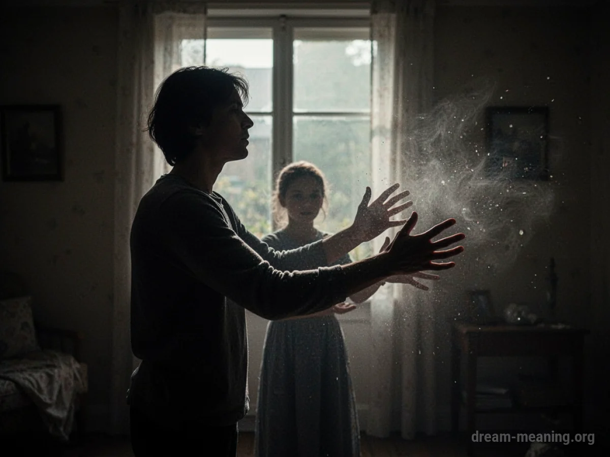 Silhouette of a person reaching towards fading light in a dark room.