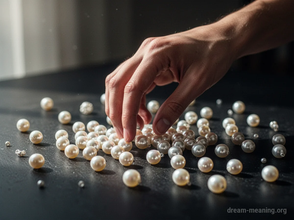 A hand reaching towards scattered pearls on a dark, textured surface.