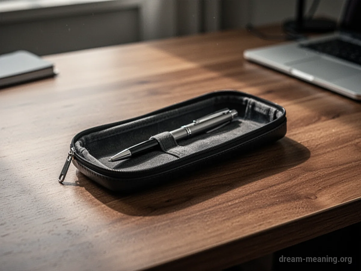 An empty pen case rests on a wooden surface.