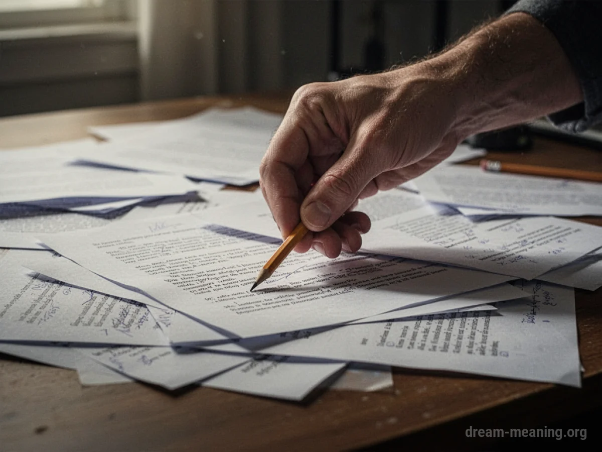 A hand sifting through papers on a desk, with a single pencil visible.