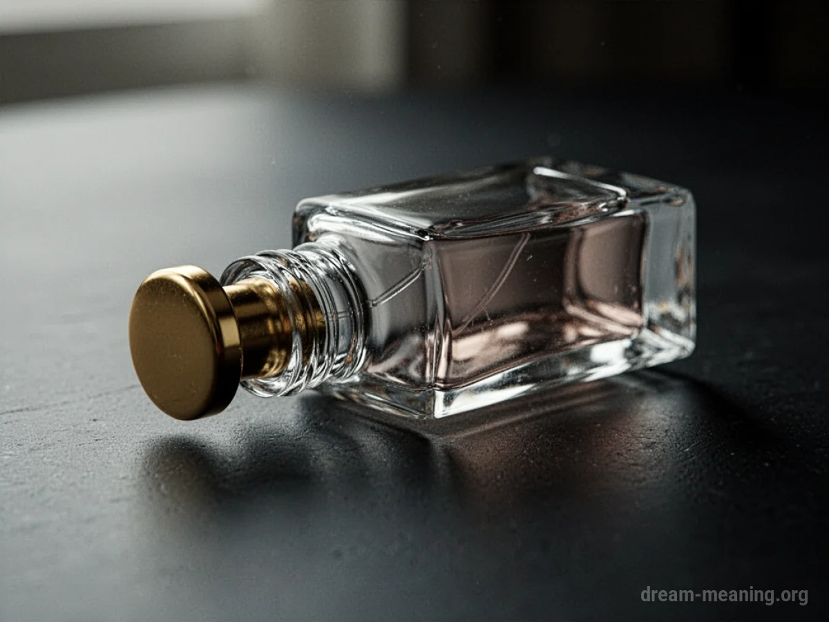 An empty perfume bottle lying on its side.