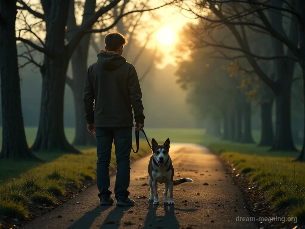 A dog leash on a path disappearing into fog.