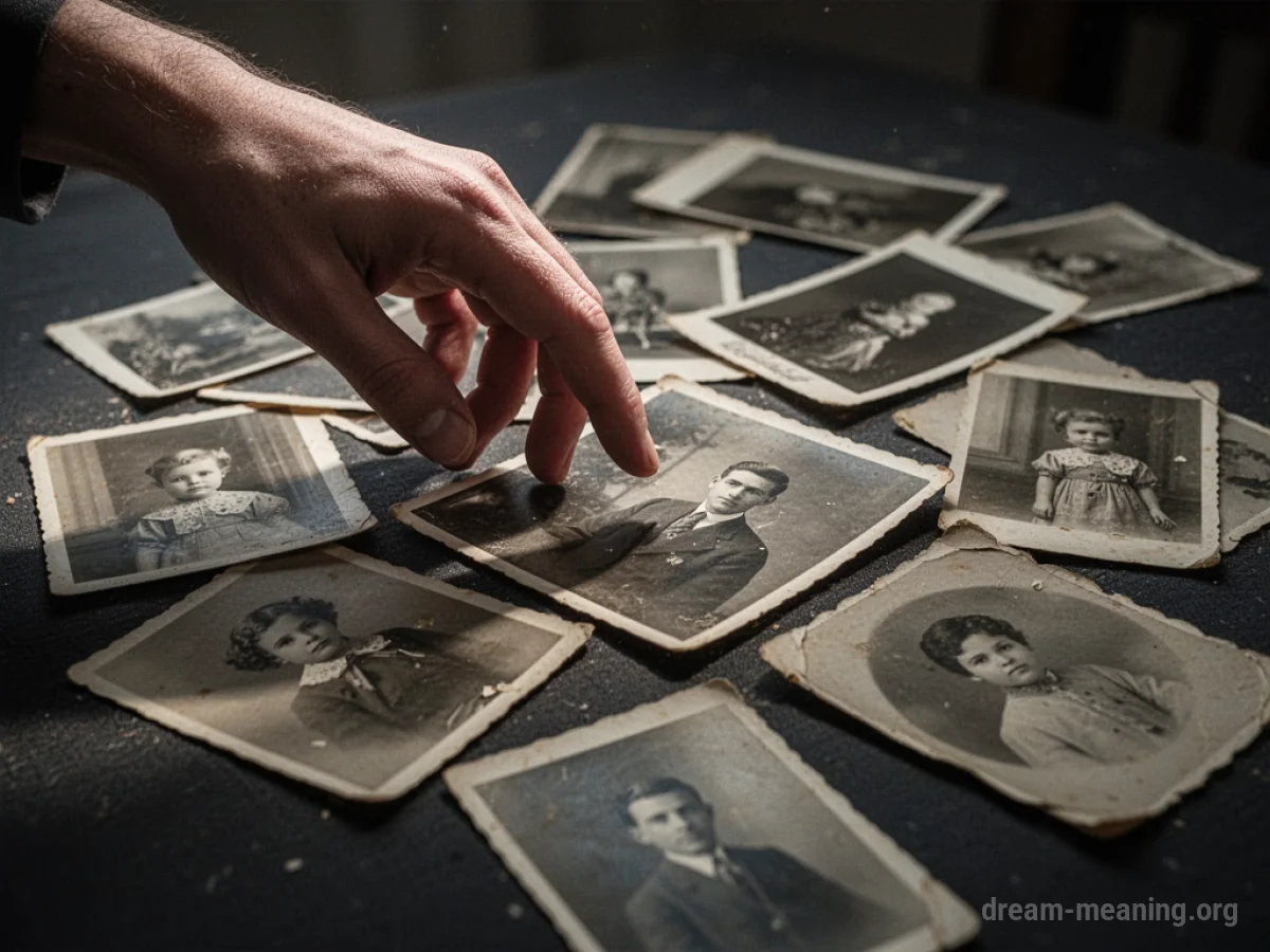 A hand reaching for scattered, faded photographs.