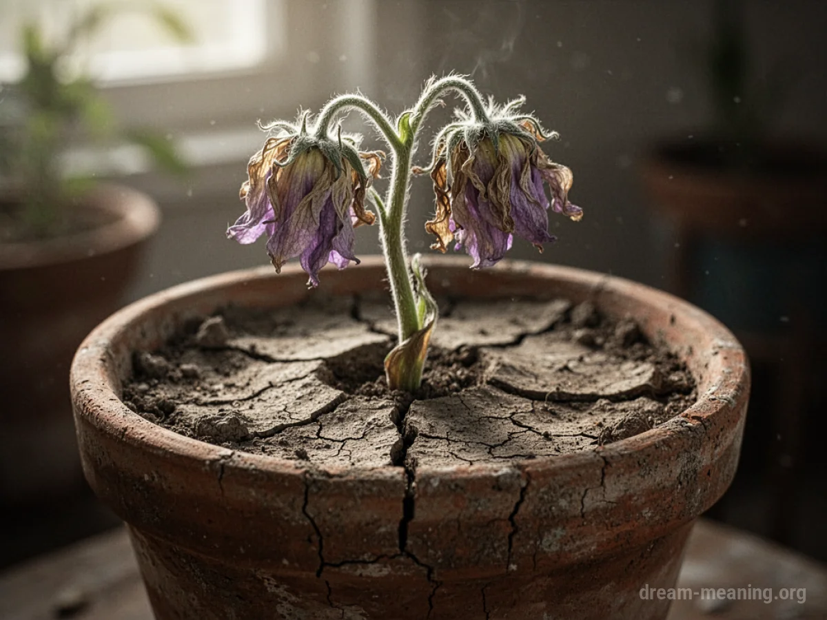 A single flower wilting in a cracked pot.