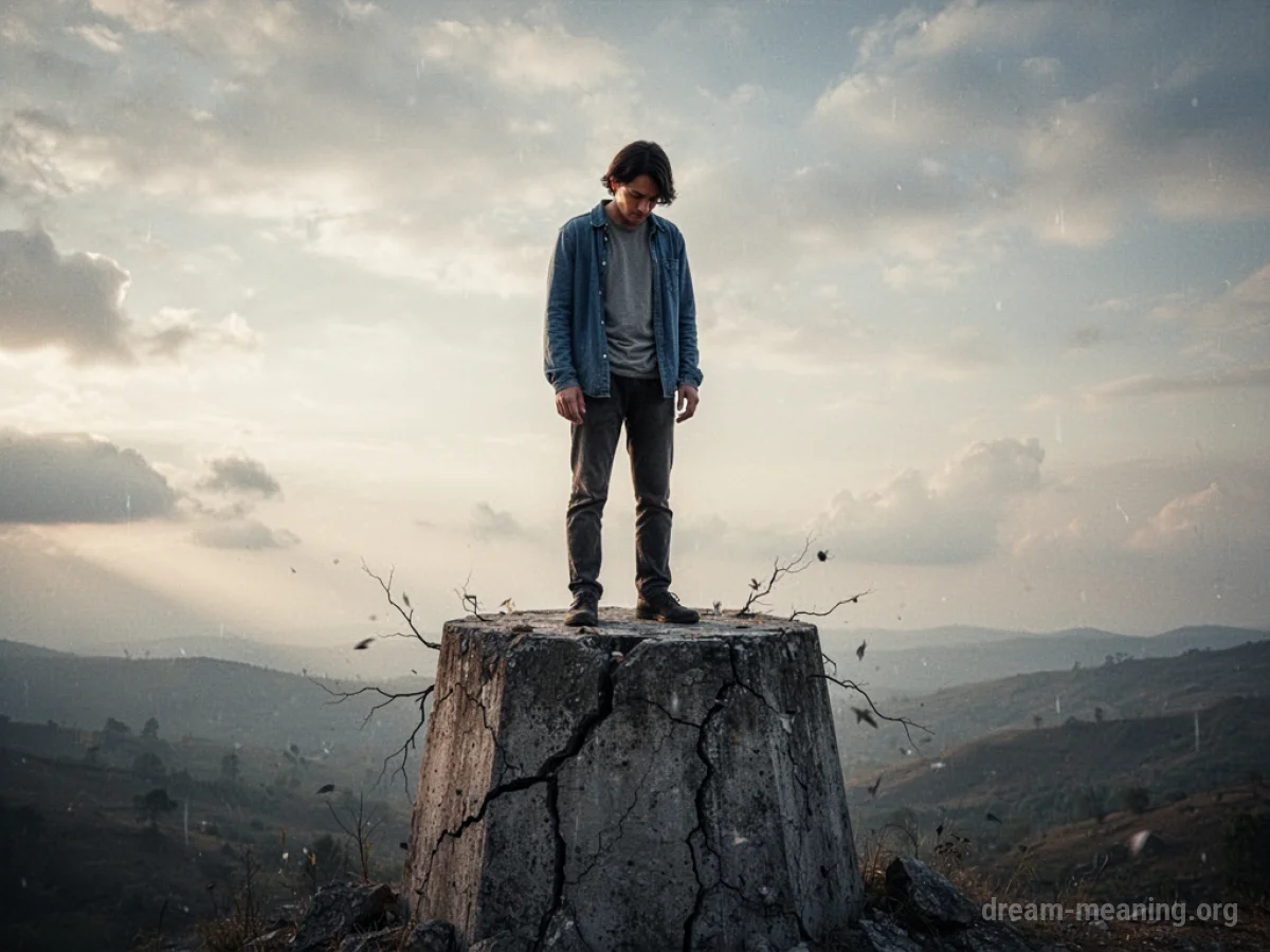 A person standing on a broken pedestal.