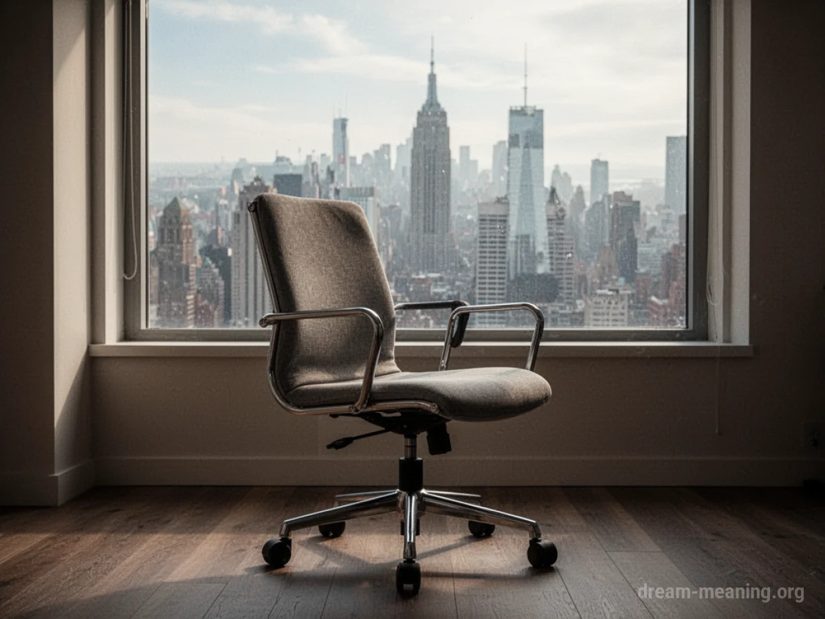 An empty office chair facing a window with a city view.