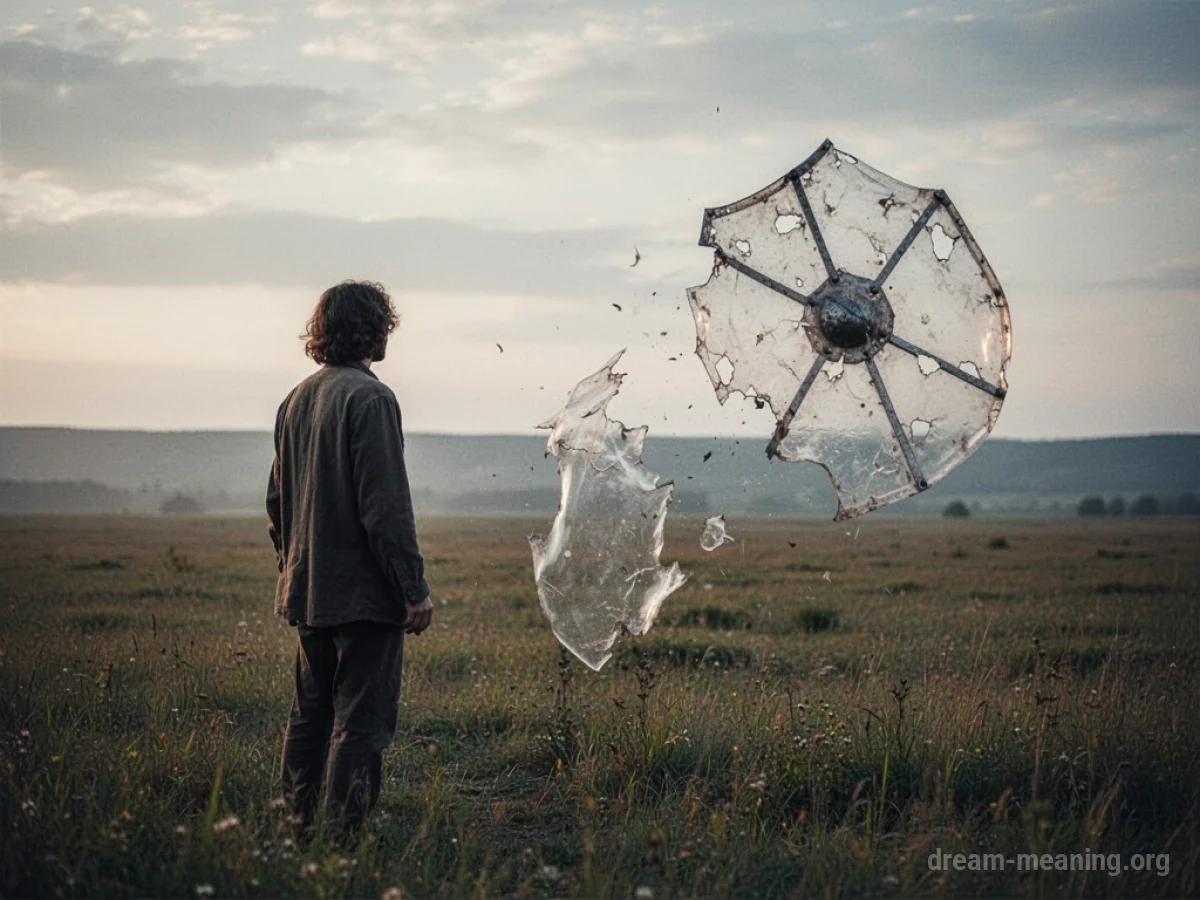 A person stands alone in an open field as a fractured, see-through shield drifts away.
