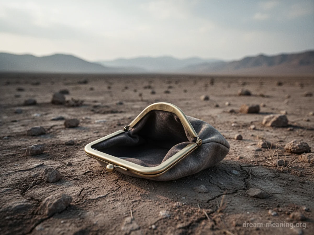 An empty purse lying on the ground in a vast, empty landscape.