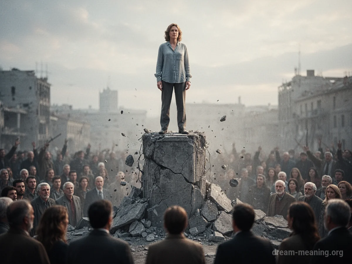 A person standing on a crumbling pedestal.