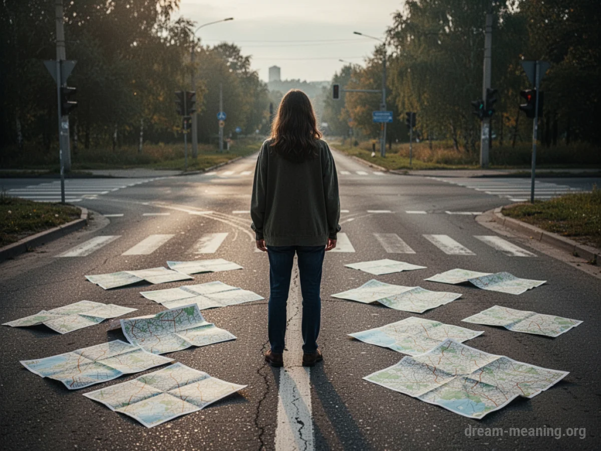 A person stands at a confusing intersection with torn map fragments scattered on the ground.