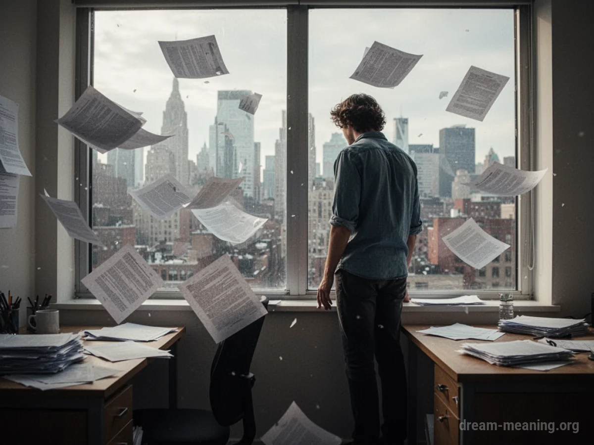A person looking out a window from an office desk with scattered papers.