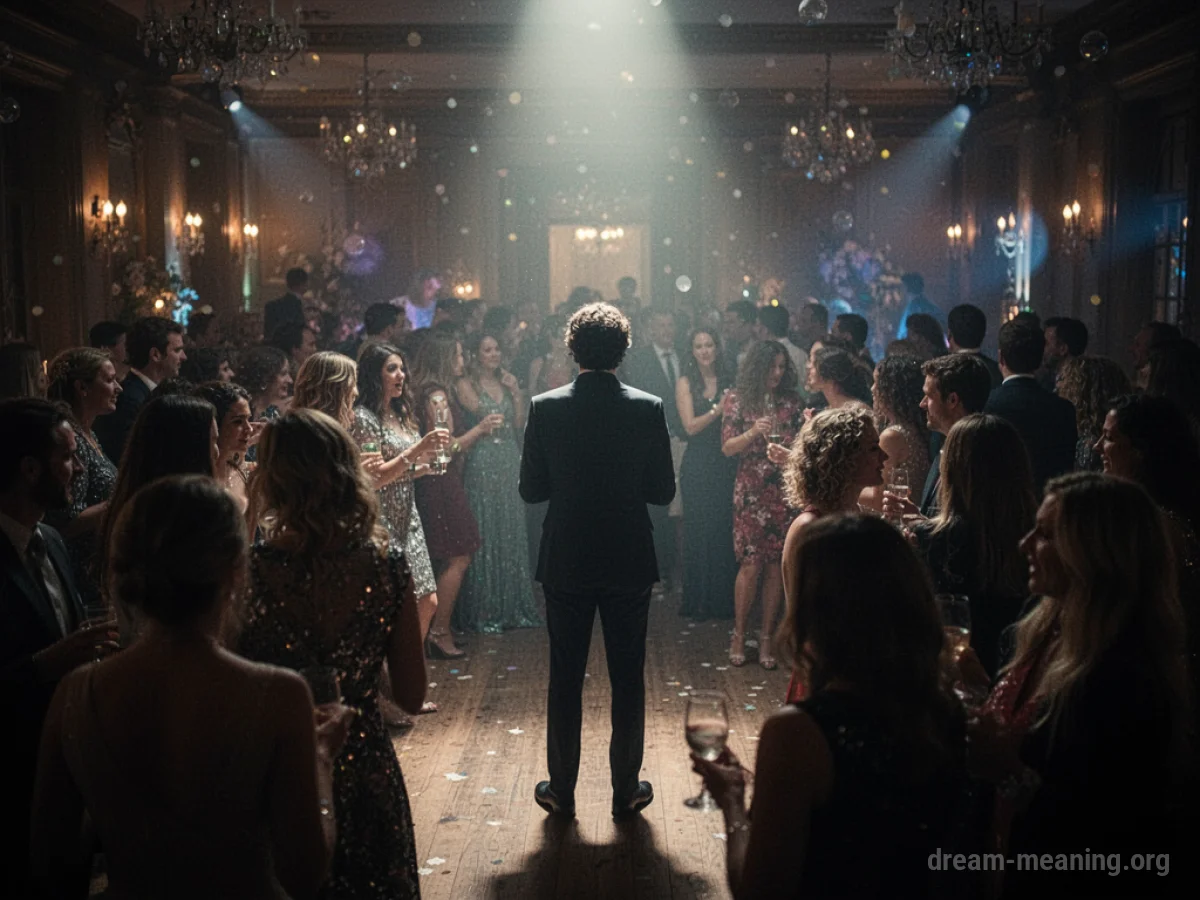 A lone person in a crowd at a party.
