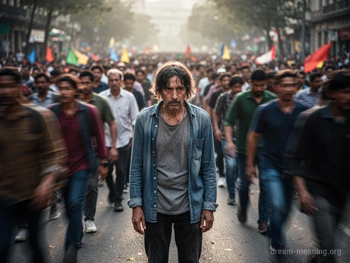 A person standing alone in a blurry crowd of people marching forward.