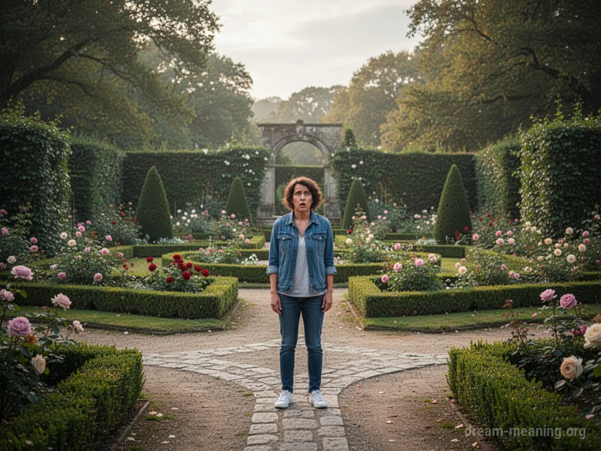 A person stands at a branching path in a lush, perfect garden.
