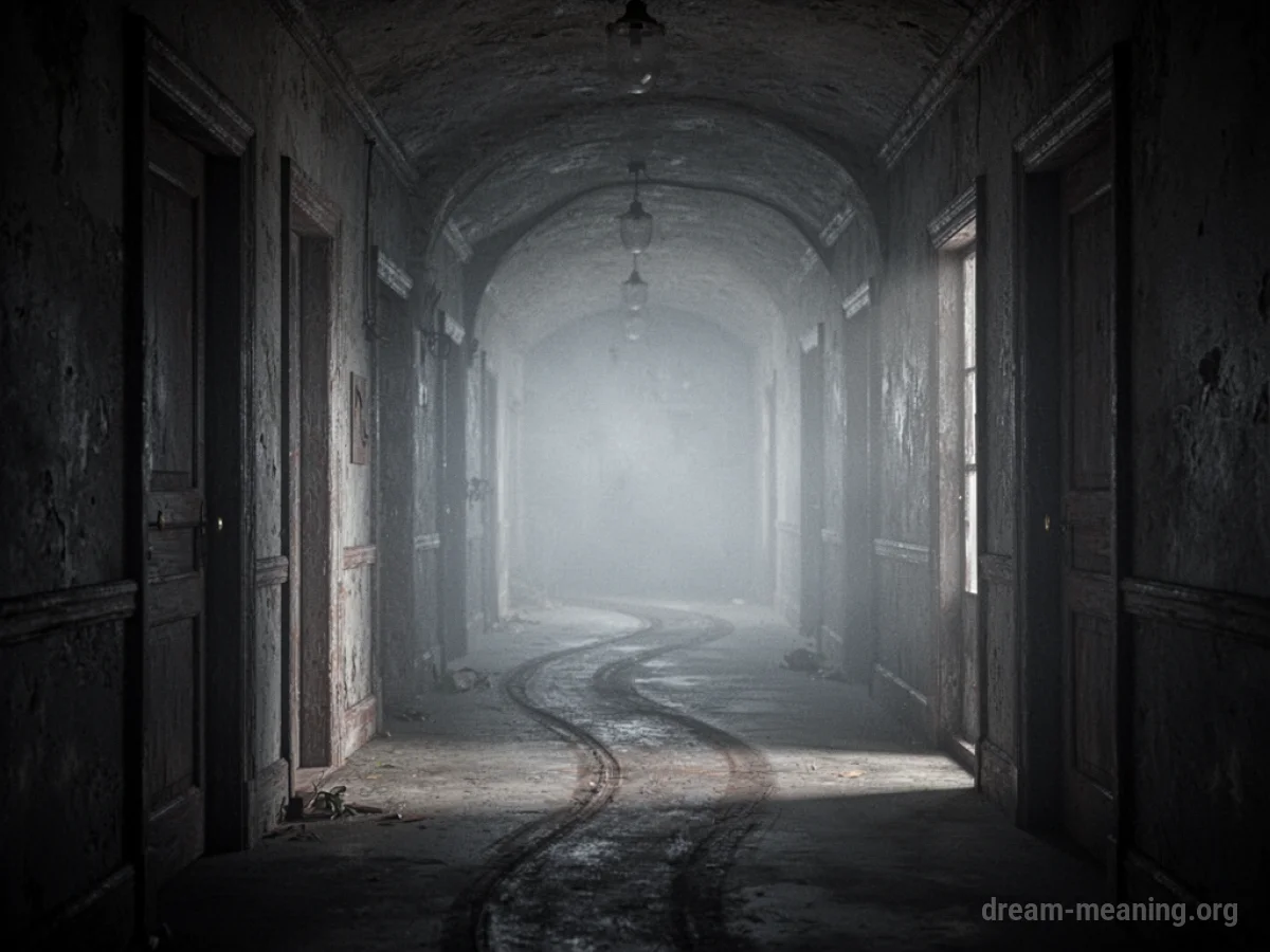 A person walking down a long, narrow, dimly lit corridor.
