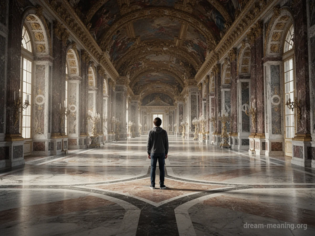 A person stands at a crossroads in a large palace hall with many corridors.
