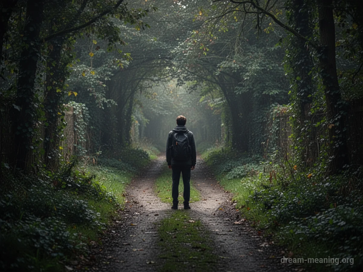 A person at a fork in a path in a dark forest.