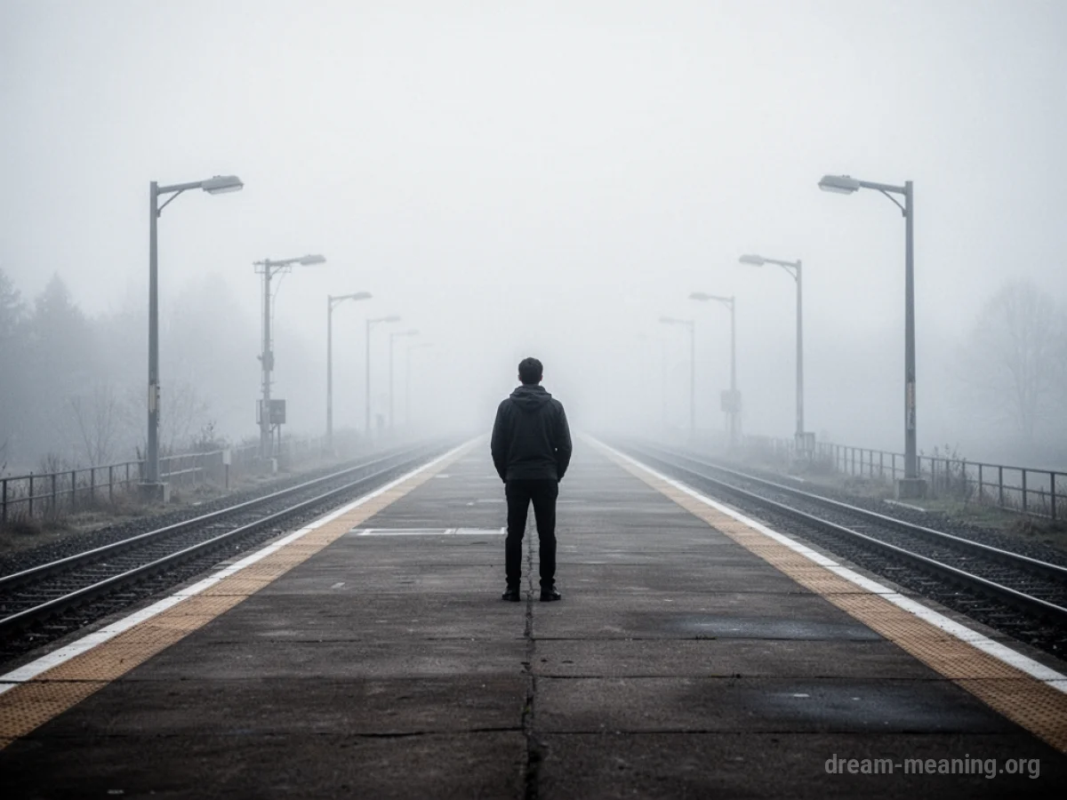 A person stands on a large, empty platform with fog obscuring the paths ahead.