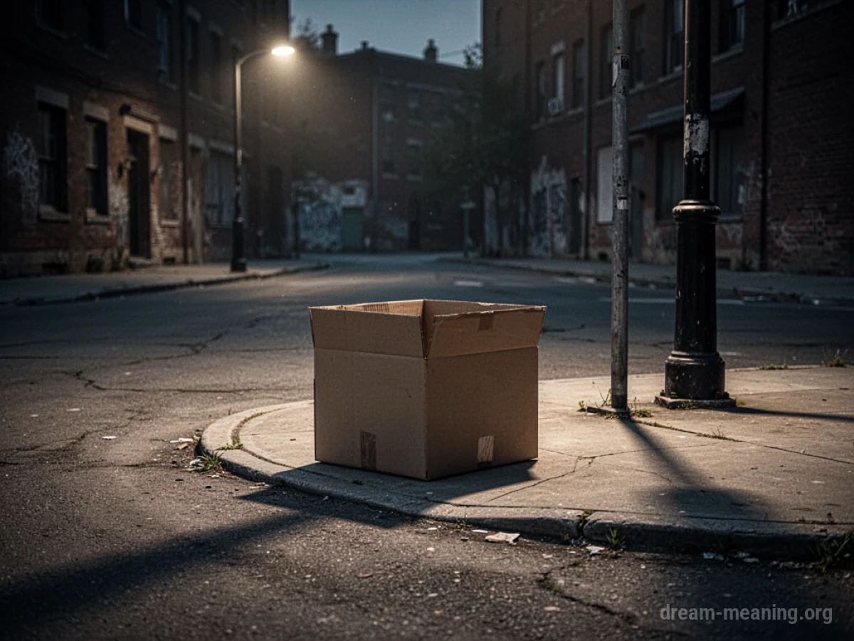 An empty cardboard box resting on a street corner.
