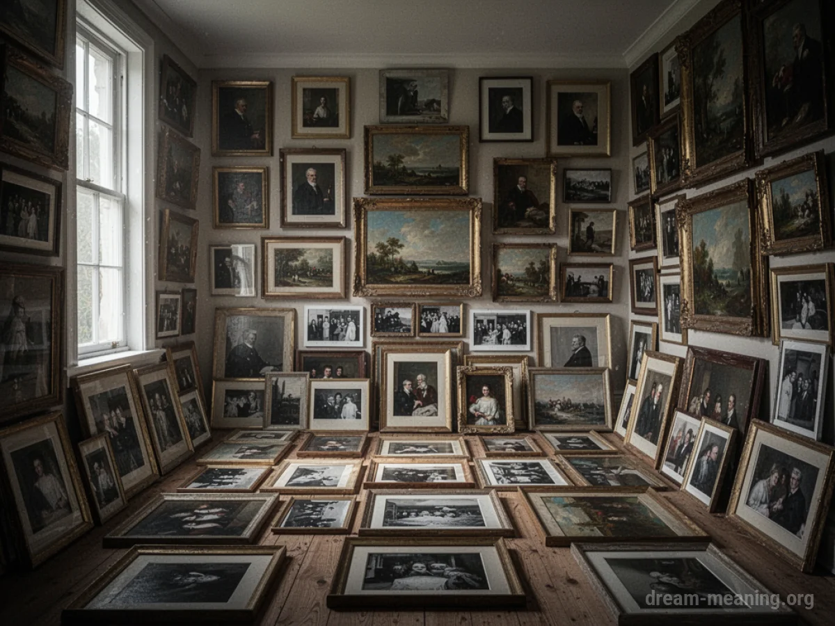 A room densely packed with various framed pictures on all walls.