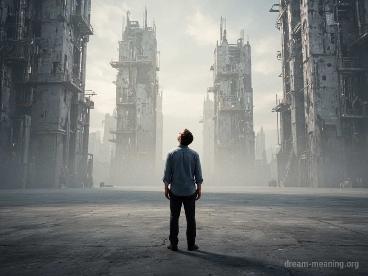 A small silhouette figure in a large open space facing towering buildings.