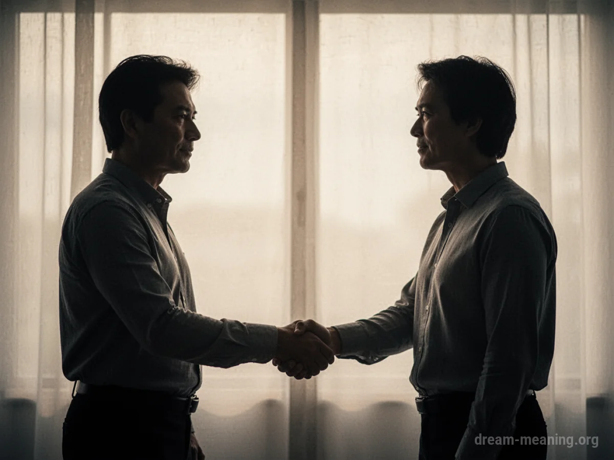 Two people shaking hands in silhouette.
