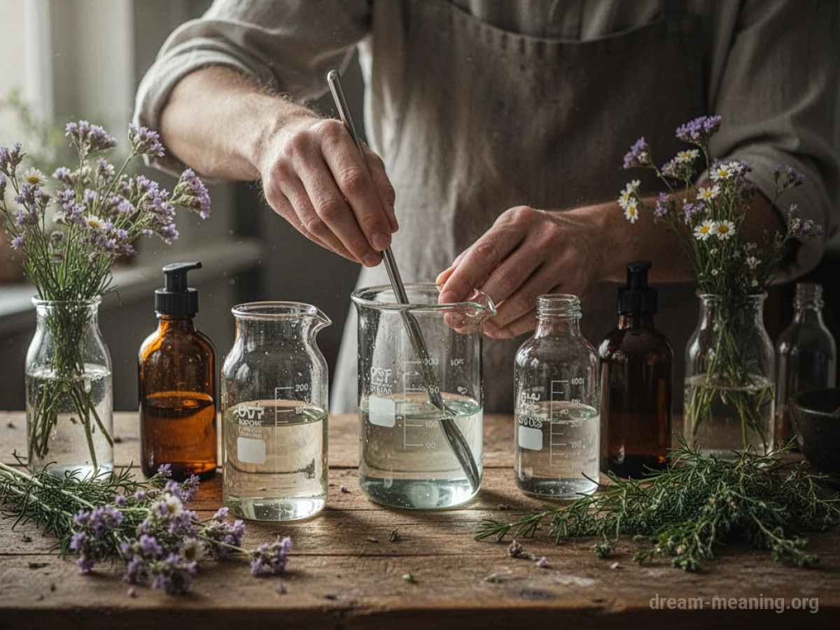 A person blending liquids in glass containers on a workbench.