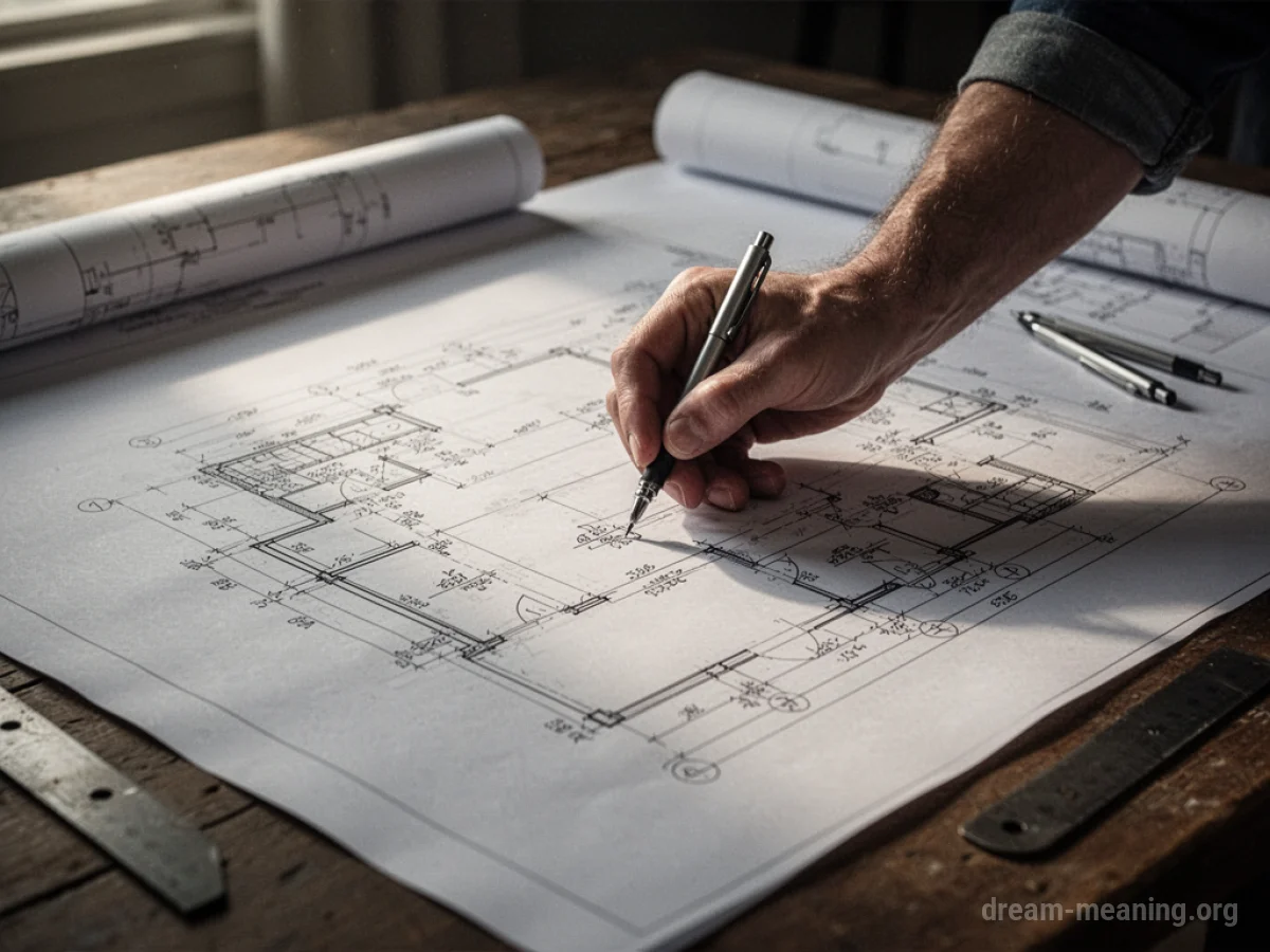 A hand drawing a blueprint on a table.