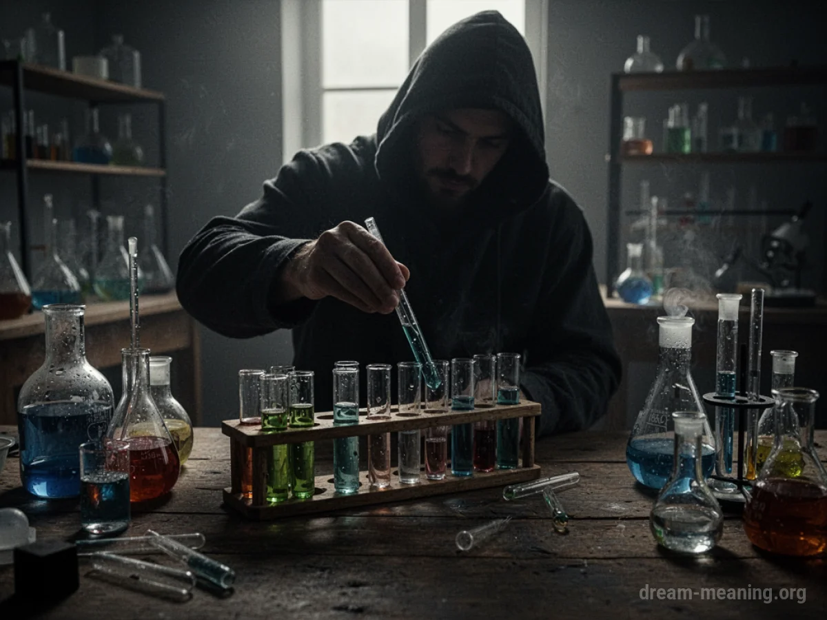 A silhouette carefully mixes colored liquids in laboratory beakers.
