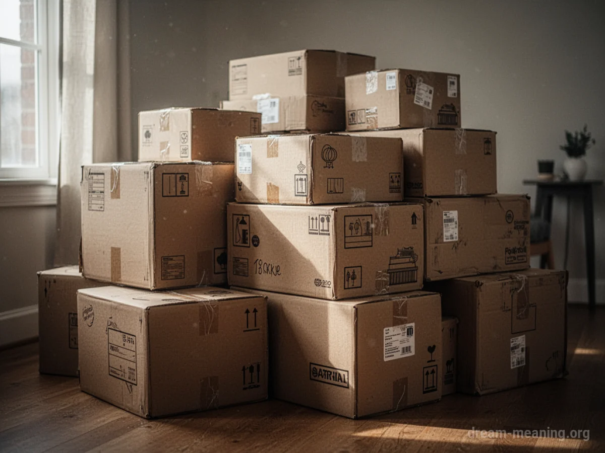 A large stack of unopened cardboard boxes.