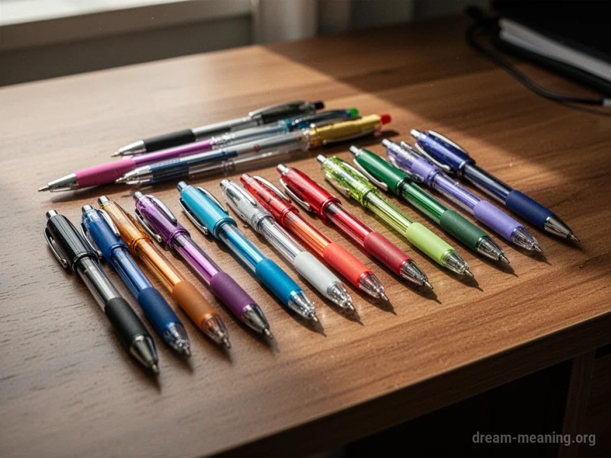 A variety of different colored pens laid out on a desk.