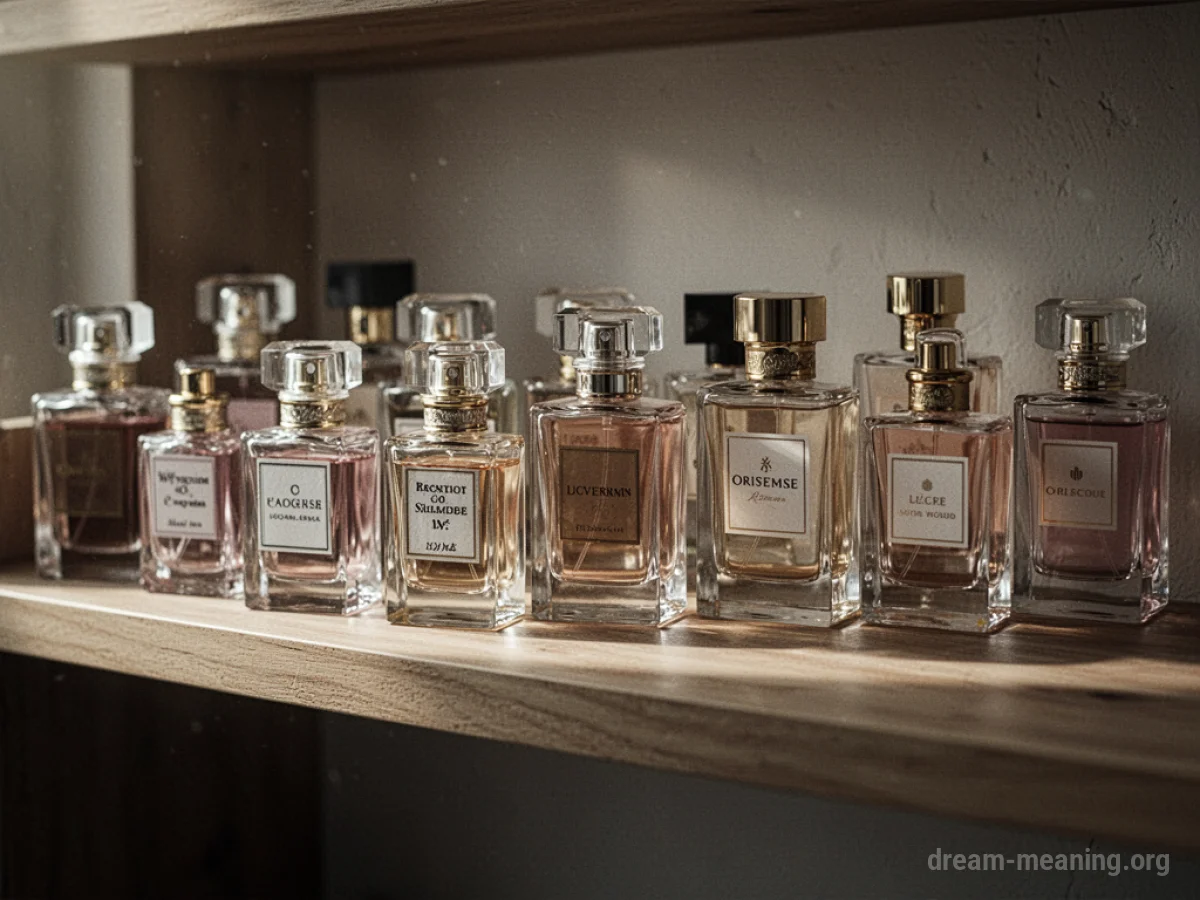 Numerous glass perfume bottles of different shapes and sizes.