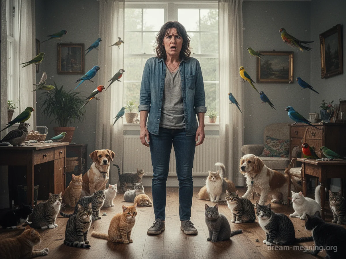 A person in a room overflowing with numerous pets.