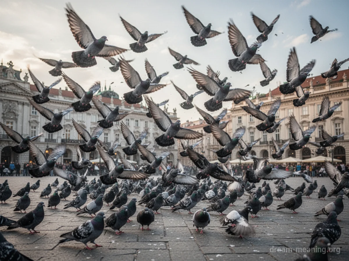 A large group of pigeons in mid-flight above a stone plaza.