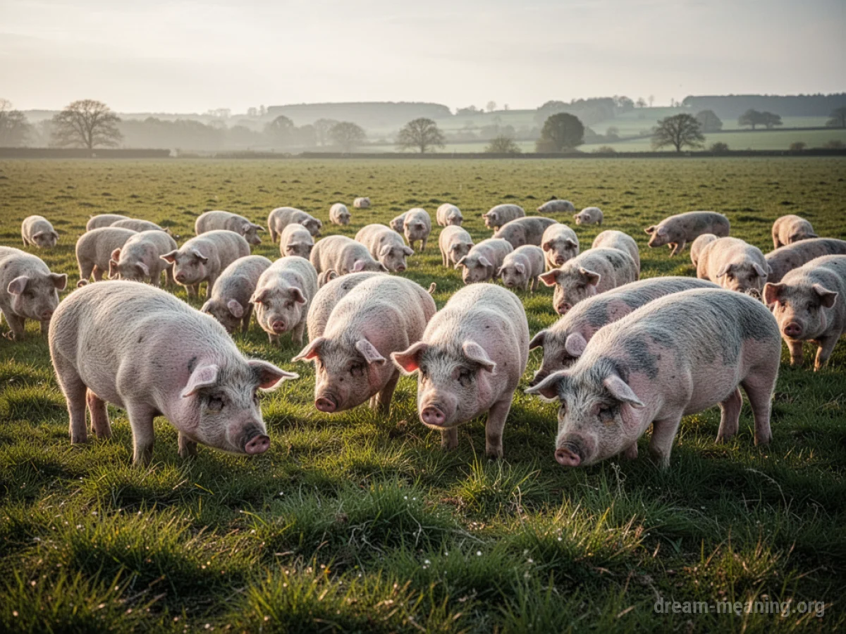 A large group of pigs in a grassy field.