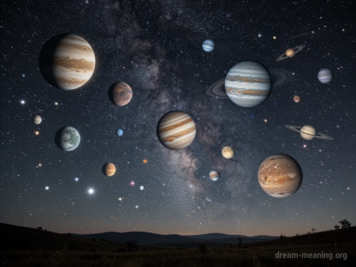 A night sky with many distinct planets visible amongst the stars.