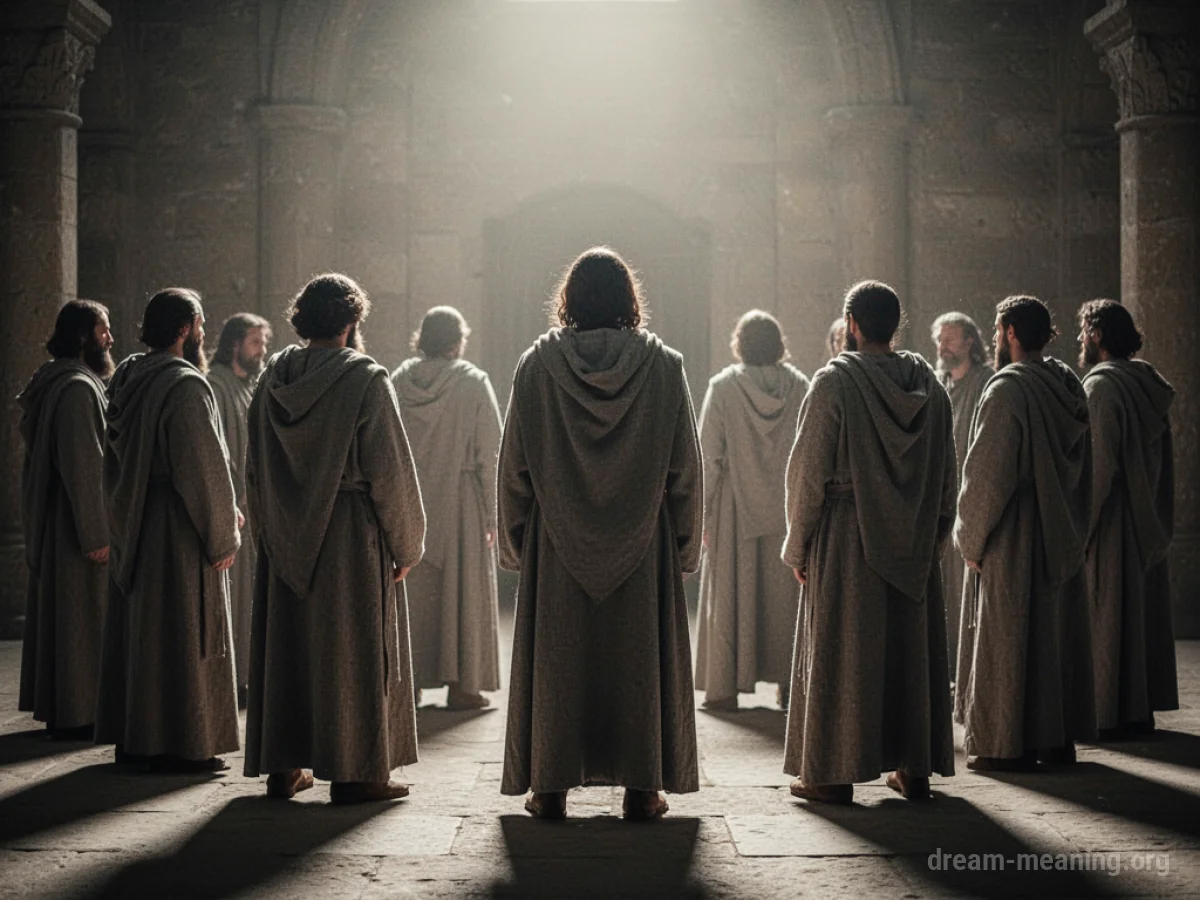 A group of robed figures standing in a semi-circle.
