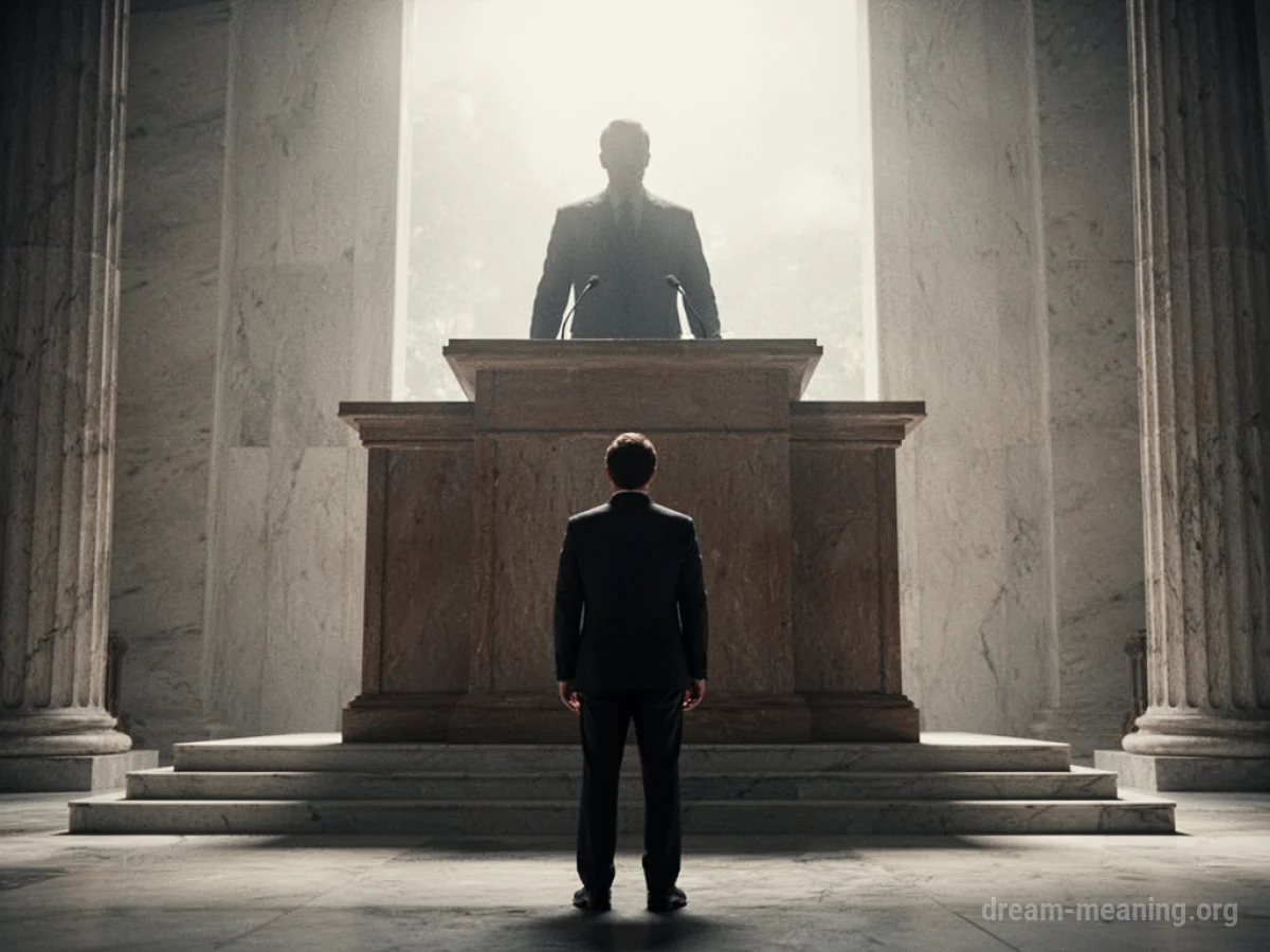 A person stands before a podium, looking towards a distant figure.
