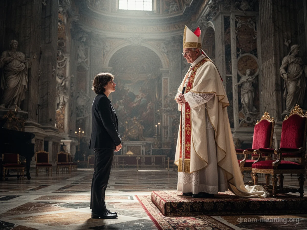 A person faces a robed figure representing the Pope in a large hall.