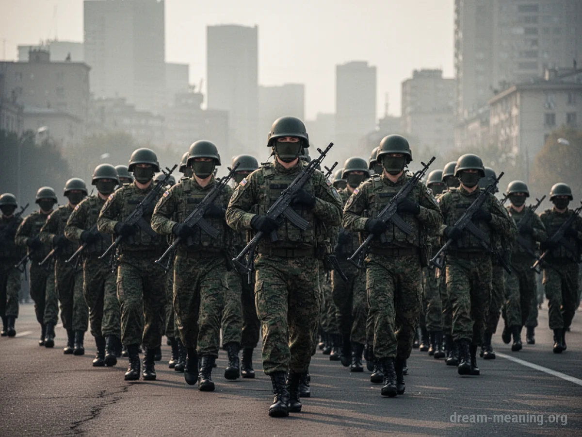 Soldiers marching in a precise formation down a city street.