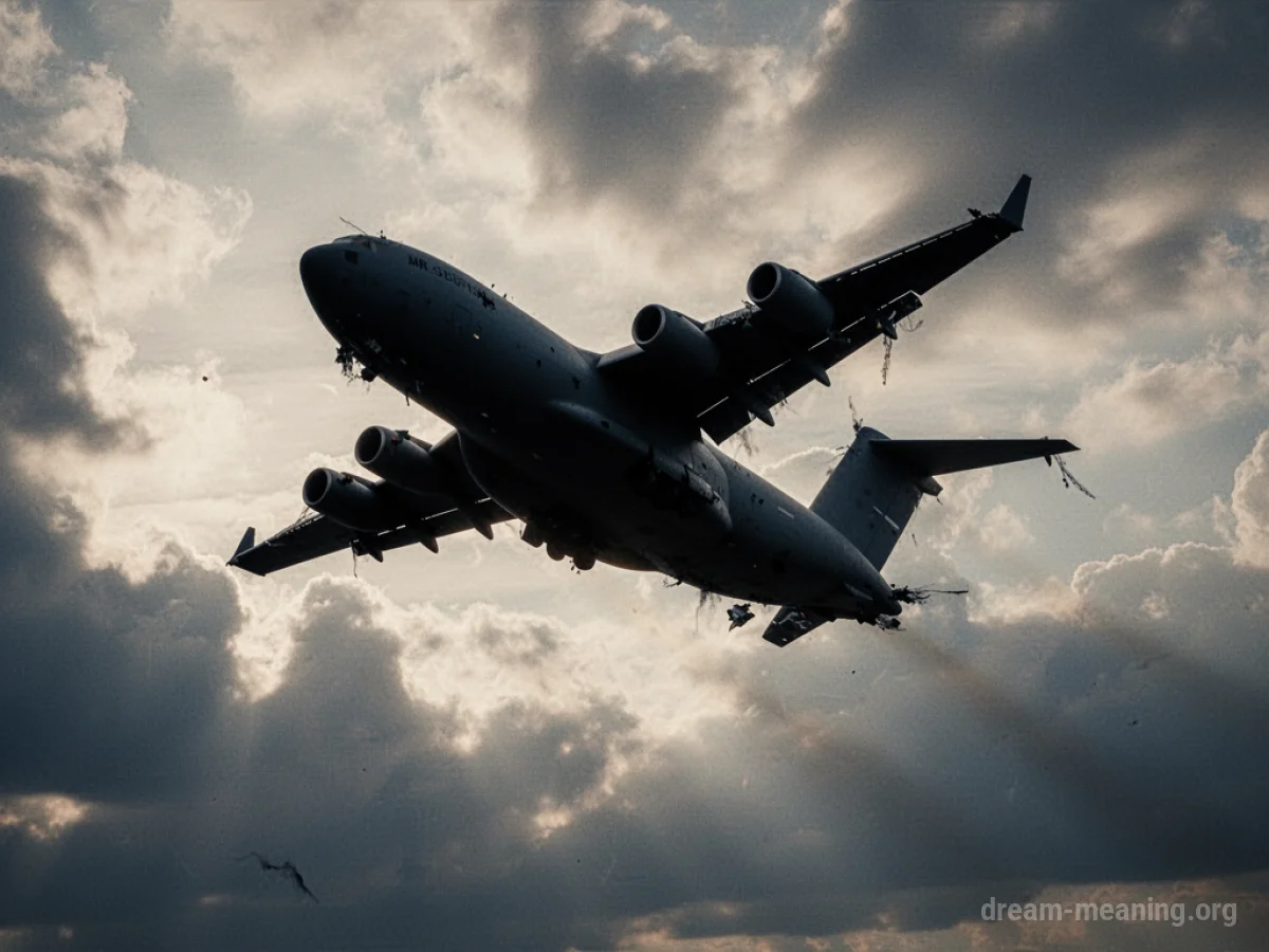 Silhouette of a military cargo plane falling from a cloudy sky.